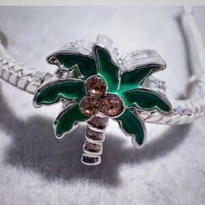 Silver Tone Palm Tree Charm Bracelet Enamel Green Coconuts Rhinestones Women